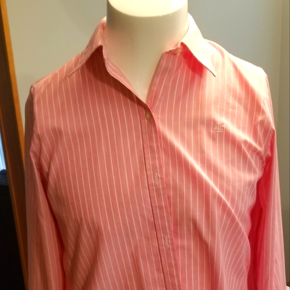 Ralph Lauren Women's Pink/White Striped Long Sleeve Blouse Size Large